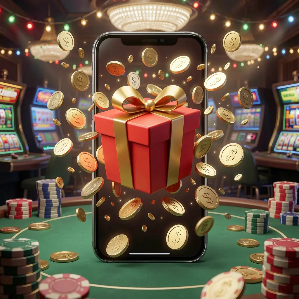 66 HT mobile casino bonus app concept showing a phone screen with a gift box and coins bursting out in a festive casino atmosphere, premium 3D illustration
