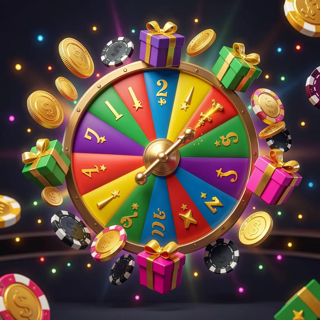 66 HT online casino bonus wheel with colorful prize segments surrounded by golden coins, chips, and gift boxes, glowing casino lights creating an exciting jackpot atmosphere on a dark background