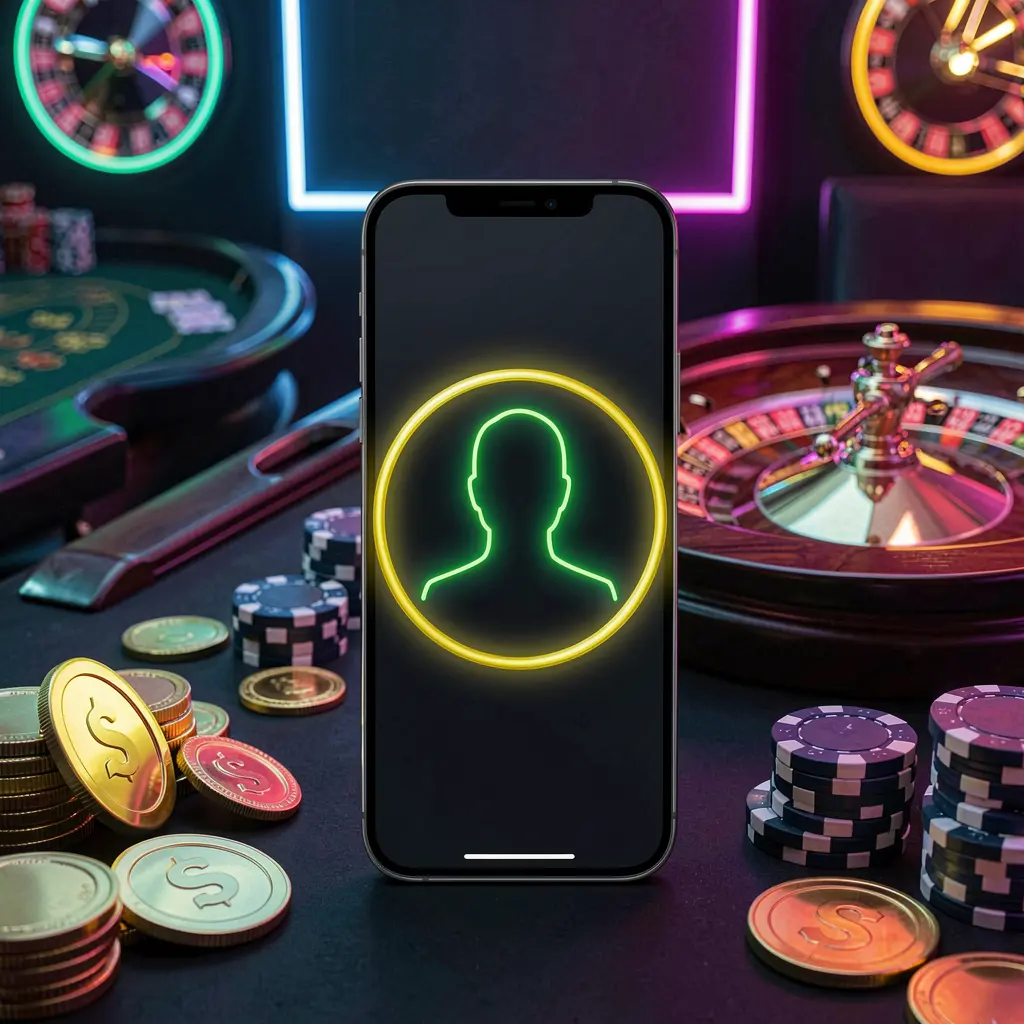 Modern phone displaying glowing profile icon for 66 HT online casino login, with roulette lights, golden coins, and poker chips in a premium dark neon atmosphere