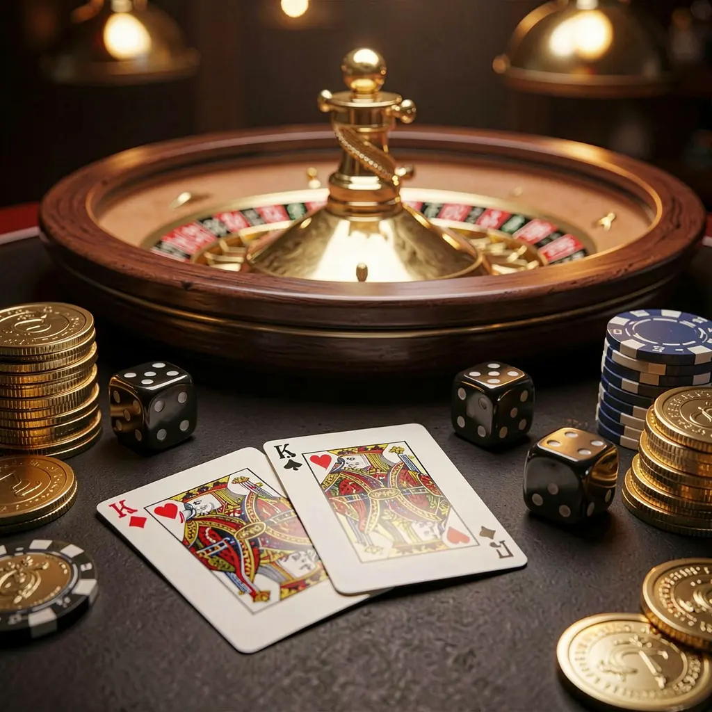 Elegant 66 HT online casino homepage featuring royal flush cards, dice, golden coins, poker chips on a dark table with a glowing roulette wheel in the background in a cinematic 3D render